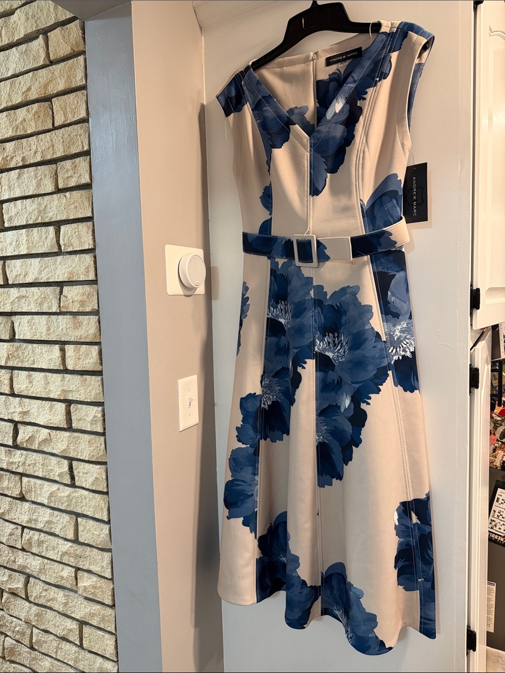 Andrew Marc Cream Dress with Blue Floral Print